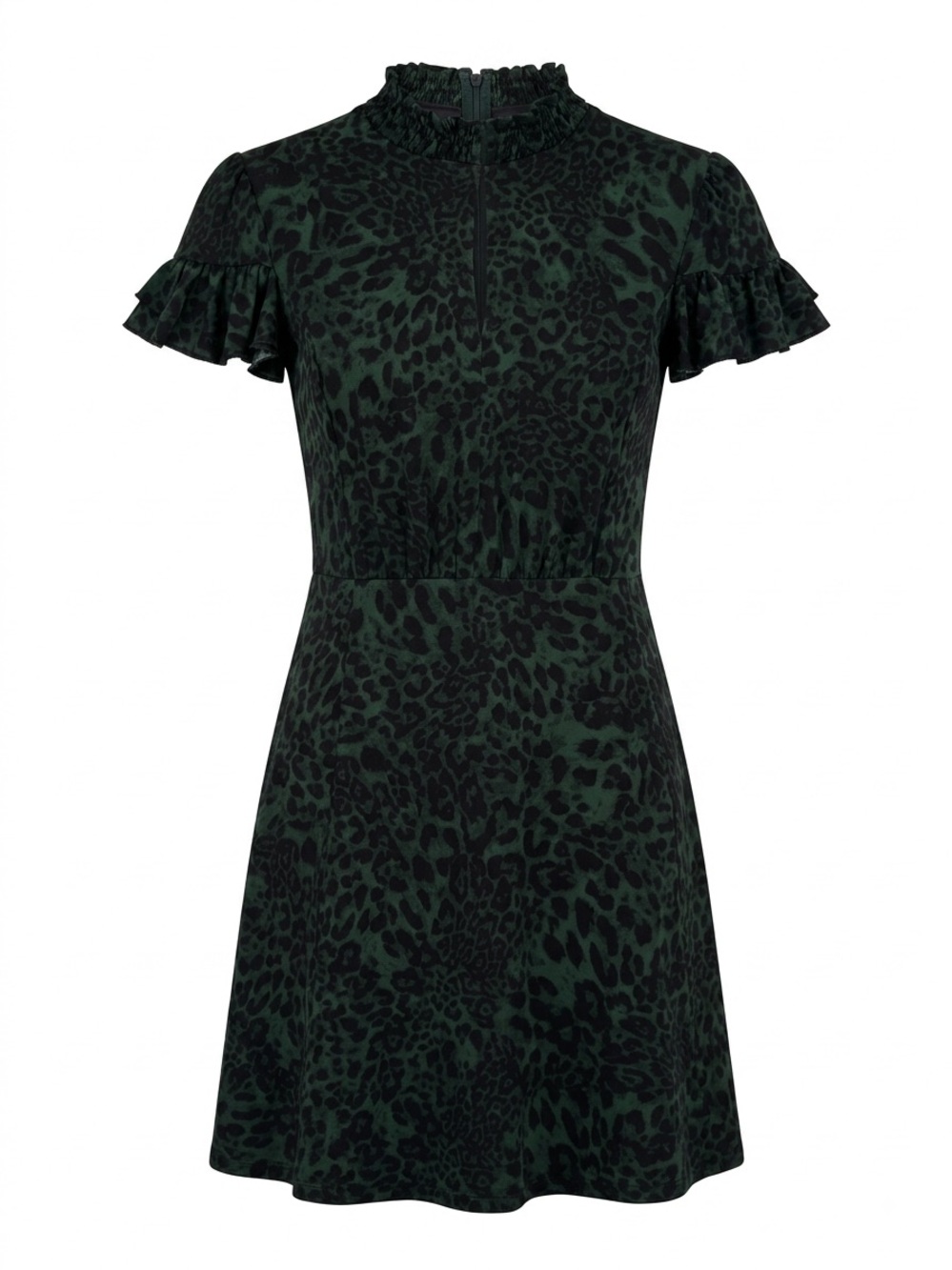 Lark & Ro Green Black Leopard Print A-Line Short Dress V-Neck Ruffle Sleeve 6